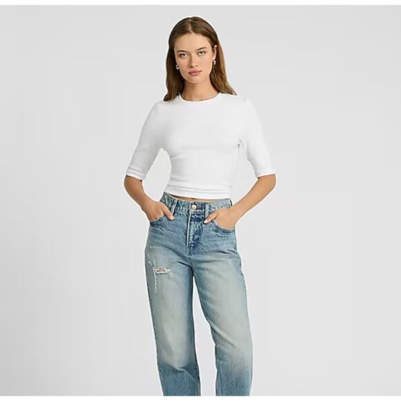 REFORMATION Ribbed Crew Neck Elbow Length Sleeves White Sz L {L52} - Picture 1 of 5